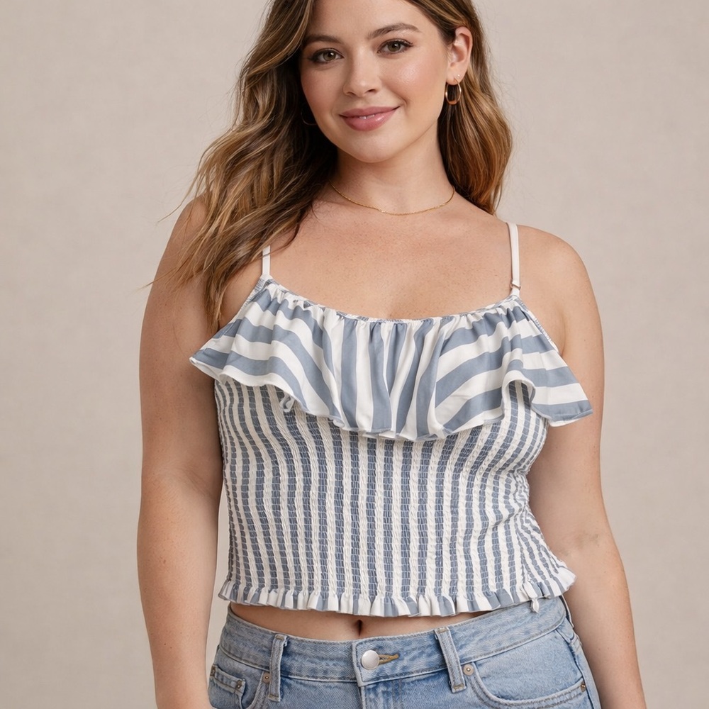 Chaser NEW Smocked Crop Top LARGE Elastic RUFFLES Striped Tube Top Satin LARGE